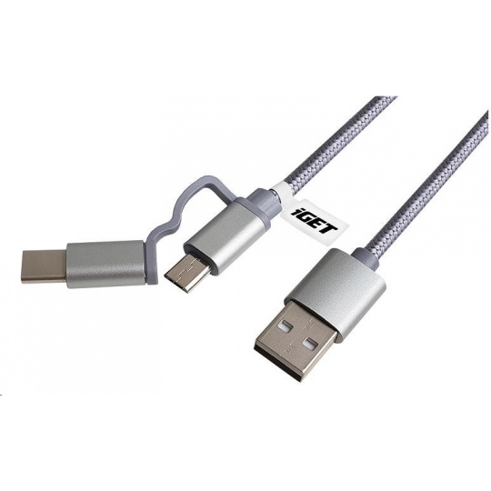 iGET G2V1 USB kábel 2v1, 1 m, strieborný, microUSB a USB-C, predĺžené konce