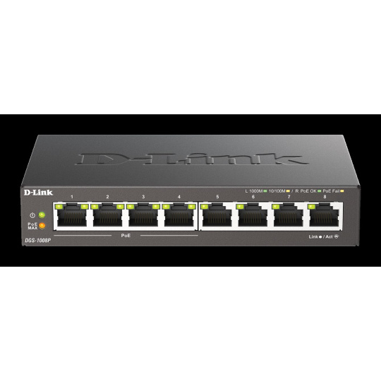 D-Link DGS-1008P 8-portový gigabitový stolový prepínač, 4 porty PoE+, rozpočet PoE 68 W