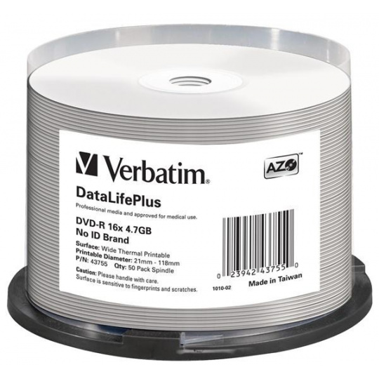 VERBATIM DVD-R(50-balenie)/vreteno/16X/4.7 GB/DataLife Plus Wide Thermal Professional Bez ID značky