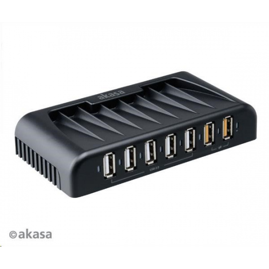 AKASA HUB USB Connect 7FC, 5x USB 2.0, 2 nabíjacie porty USB, externé, s napájacím adaptérom