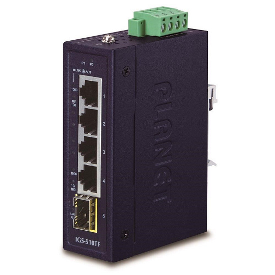 Planet IGS-510TF Switch průmyslový, 4x 1000Base-t, 1x SFP, dual power, 9-48VDC, -40 +75°C