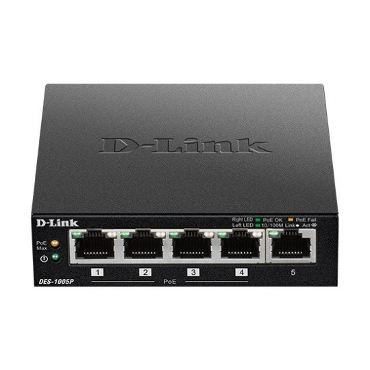 D-Link DES-1005P B1 5-portový 10/100 PoE stolový prepínač, 4x PoE+, 60W pre PoE