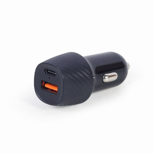 GEMBIRD Nabíječka do auta, 1x USB, 1xUSB-C, rychlo-nabíječka, QC3.0, 18 W, černá