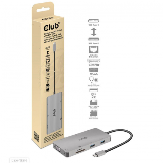 Club3D hub USB-C, rozbočovač 9 v 1 s HDMI, VGA, 2x USB Gen1 Type-A, RJ45