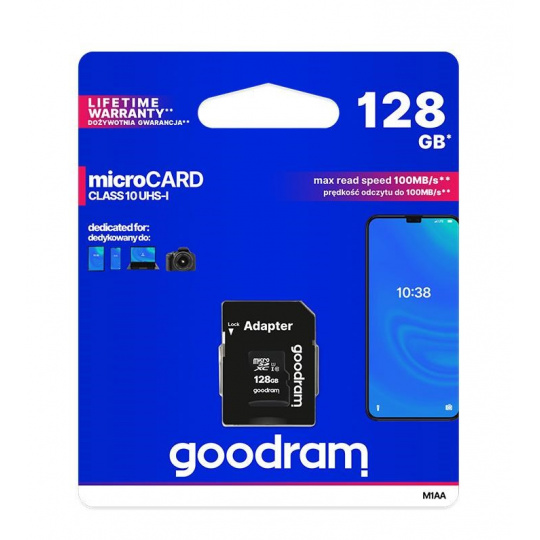 Karta GOODRAM MicroSDXC 128GB M1AA, UHS-I Class 10, U1 + adaptér