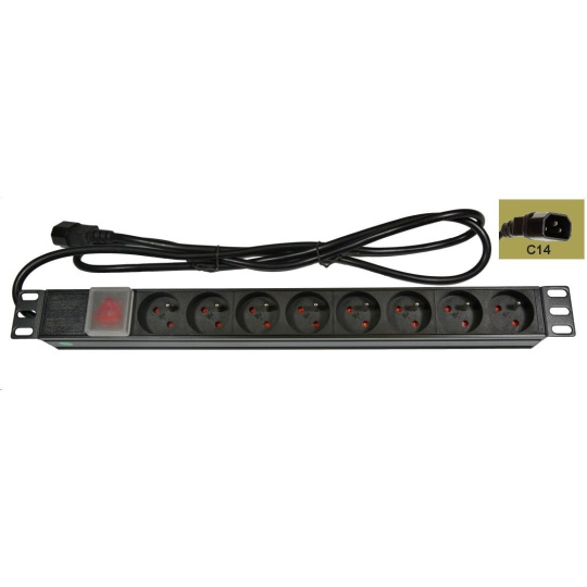 19" rozvodný panel LEXI-Net 8x230V, ČSN, vypínač, indikátor napětí, kabel 1,8m, 1U, přívodní kabel pro UPS (IEC320 C14)