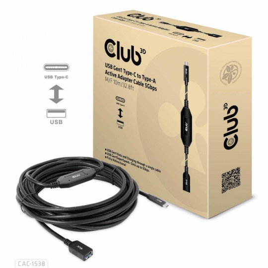 Club3D Kabel USB-C na USB-A, Aktivní adaptér/kabel, 5 Gbps (M/F), 10m