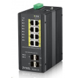 Zyxel RGS200-12P 12-portový gigabitový WebManaged PoE switch, 8x GbE + 4x SFP, rozpočet PoE 240W, montáž na DIN lištu/na stenu, IP30