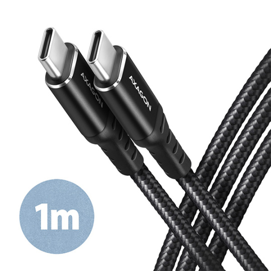 AXAGON BUCM-CM10AB, HQ kábel USB-C <-> USB-C, 1 m, USB 2.0, PD 60W 3A, ALU, opletenie, čierny