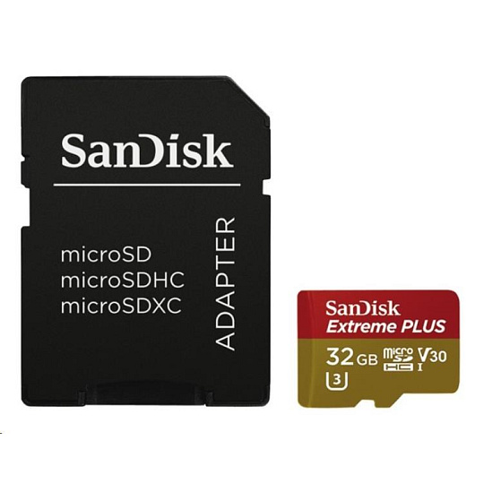 SanDisk MicroSDHC karta 32GB Extreme PLUS (R100/W90MB/s, UHS-I V30, Rescue Pro Deluxe) + adaptér SanDisk MicroSDHC karta 32GB Extreme PLUS (R100/W90MB/s, UHS-I V30, Rescue Pro Deluxe) + adaptér